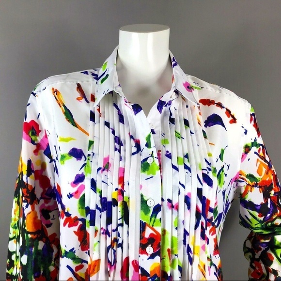CHELSEA & THEODORE White Multicolor Abstract Ruffle Blouse Size M - Picture 3 of 7